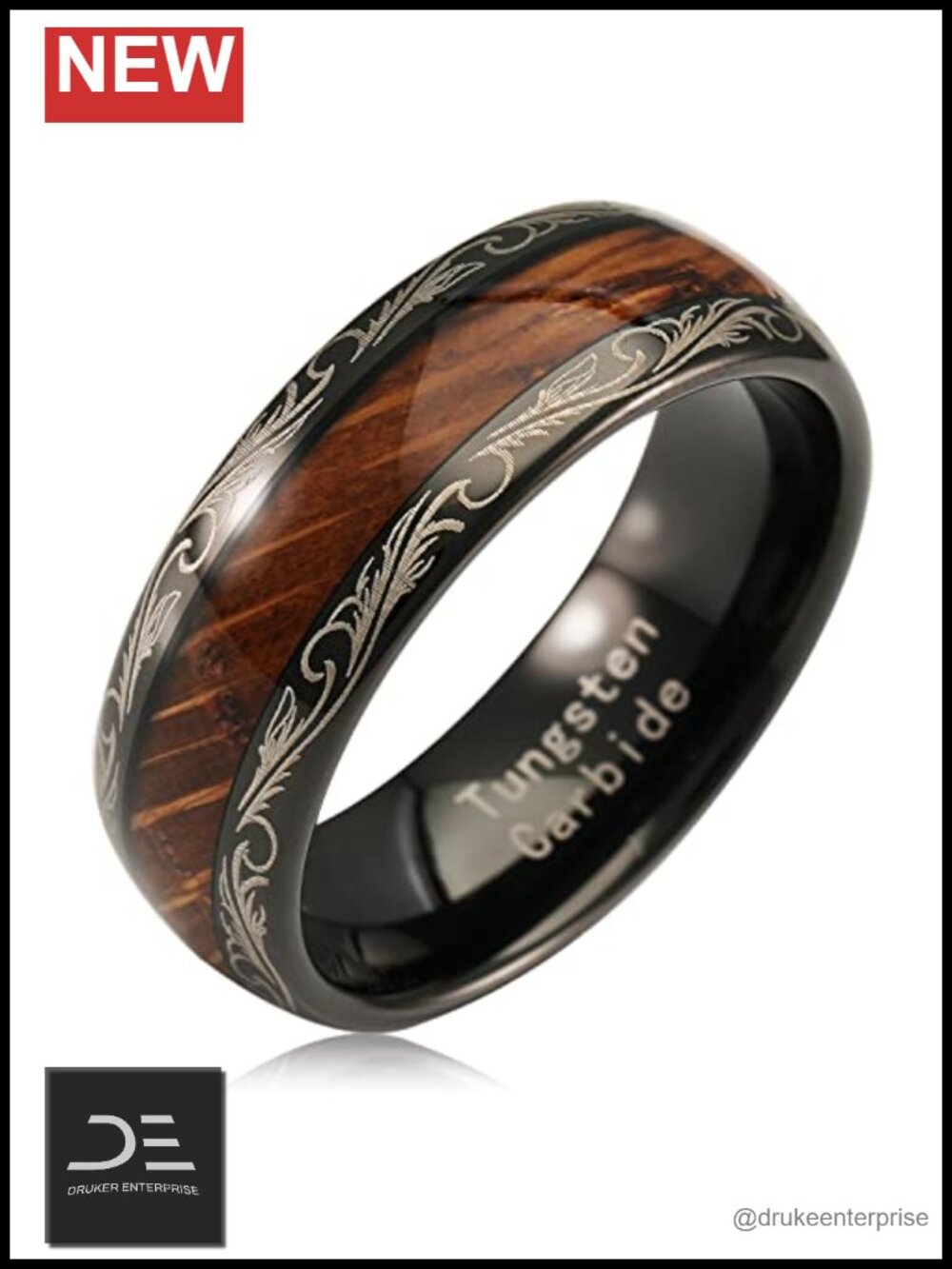 Tungsten Ring with Whiskey Barrel Wood Inlay Vintage Baroque Frame Leaf Band